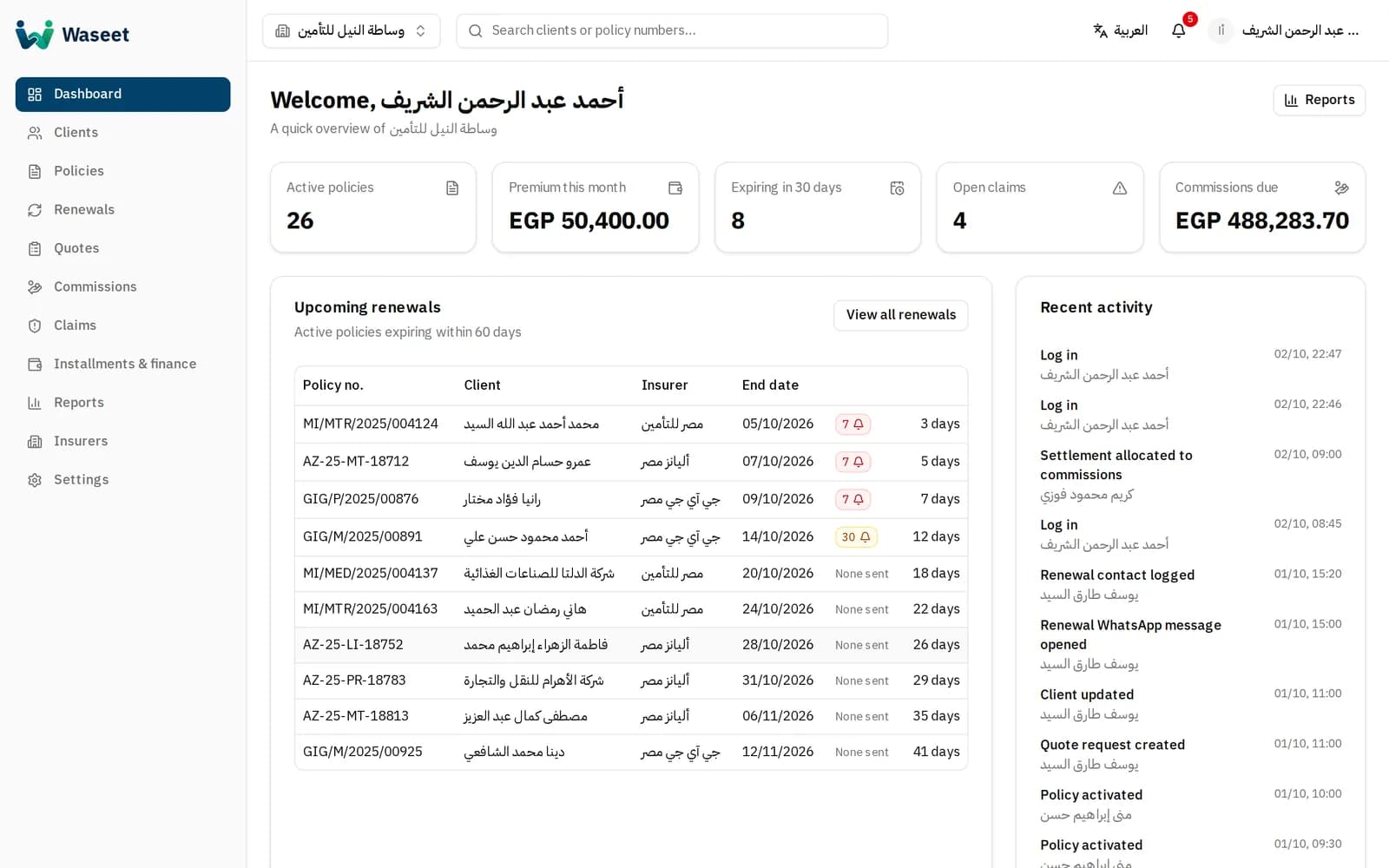 Waseet screenshot: Reports